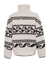 Polar de mujer color crudo con cuello alto y medio cierre. Tejido con diseños étnicos en negro y detalles de cuero en los bordes.