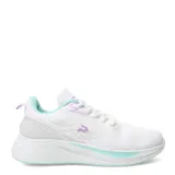 Championes blancos con detalles en lila y celeste, con cordones y suela blanca.