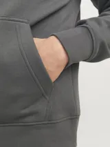 Canguro gris oscuro de manga larga con capucha, fit relajado, bolsillo tipo canguro y estampado en relieve con el texto "(riginals Studi)".