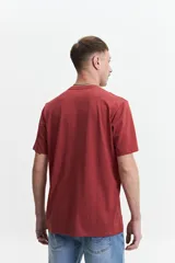 Remera gris de manga corta con estampado de escalera y texto en el frente.
