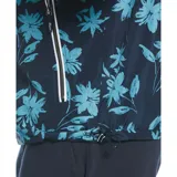 Campera con capucha y cierre frontal, color azul marino con estampado floral celeste.