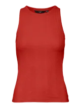 Musculosa roja de punto canalé, sin mangas y con cuello redondo.