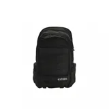 Mochila negra con múltiples bolsillos y correas ajustables. Logo de Etnies en blanco en la parte inferior.