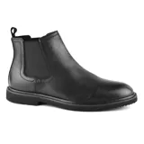 Bota Chelsea de cuero negro con elásticos laterales y tirador trasero.