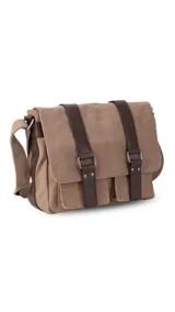 Morral marrón de tela canvas con diseño vintage, tapa frontal y dos correas ajustables de símil cuero. Incluye múltiples compartimientos y correa ajustable para el hombro.