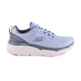 Championes deportivos Skechers Max Cushioning Elite para mujer, color celeste con detalles en gris y rosa. Capellada de malla técnica, amortiguación Ultra Go y plantilla Air-Cooled Goga Mat.