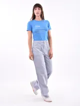 Remera celeste con estampado de la palabra 'blue' y su definición en inglés.