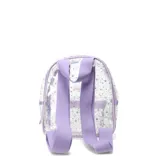 Mochila transparente con detalles en lila y estampado de estrellas.