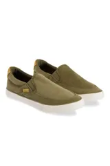 Championes de tela azul marino sin cordones, con suela blanca y detalle amarillo en el talón.