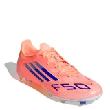Championes de fútbol Adidas F50 League FG, color naranja con detalles en azul.