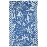 Pareo de playa rectangular color azul con estampado de motivos marinos en blanco y borde con diseño de damero.