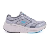 Championes deportivos Skechers Max Cushioning Elite 2.0, color gris con detalles en celeste. Confeccionados en malla y material sintético, con cordones, plataforma acolchada ULTRA GO, plantilla Skechers Air-Cooled Goga Mat y entresuela Max Cushioning-Elite.