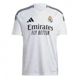 Camiseta de fútbol blanca con escudo del Real Madrid y patrocinador frontal, de manga corta.