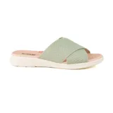Sandalia casual Korium Confort Bahia color verde agua con capellada tejida cruzada, plantilla color piel y suela blanca.