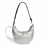 Bolso Adidas GL tipo pouch, color gris plateado, con correa de hombro negra regulable y logo de Adidas estampado en blanco.