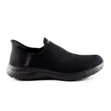 Championes Skechers Slip-ins Virtue Sleek negros, sin cordones, con tecnología Hands Free Slip-ins y Heel Pillow para un calce fácil y seguro. Capellada tejida Stretch Fit, plantilla Air-Cooled Memory Foam y suela flexible.