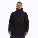 Campera impermeable negra con capucha, cierre frontal y bolsillos con cierre. Ideal para actividades al aire libre.