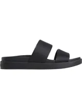 Sandalias negras tipo slide de doble tira con logo jacquard en relieve.