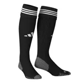 Medias de fútbol Adidas adi 23 negras con detalles en gris y tres rayas blancas horizontales en la parte superior.