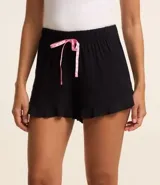 Short de pijama negro de viscosa con cintura elástica y lazo contrastante color rosa.
