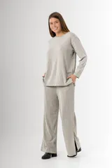 Pantalón palazzo gris de morley de vara ancha en algodón y viscosa, con bolsillos y cintura elastizada.