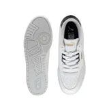 Championes Puma Shuffle Downtown de cuero sintético blanco con detalles en azul marino en el talón y logo dorado en el lateral.