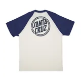 Remera blanca con mangas raglán azul marino y estampado circular en la espalda con el logo de Santa Cruz.