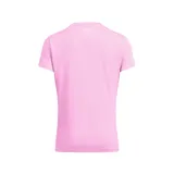 Remera deportiva Under Armour Tech para mujer, color rosa claro, con cuello en V y logo estampado en el pecho. Confeccionada en tejido UA Tech de secado rápido y corte holgado.