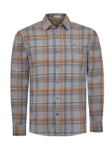 Camisa de franela a cuadros color celeste, naranja y marrón, de manga larga y corte moderno.