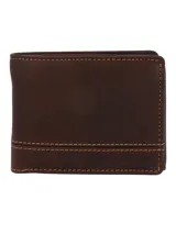 Billetera de cuero marrón con costuras en contraste y logo de la marca en la parte inferior. Cuenta con múltiples compartimentos para tarjetas y billetes.