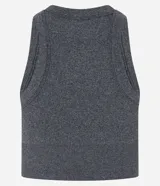 Musculosa deportiva gris con cuello redondo y corte ajustado. Presenta un diseño seamless texturizado y una goma con el logo "movement" en el pecho.