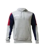 Canguro gris melange con capucha, logo Umbro estampado en el pecho, bolsillo tipo canguro y mangas color block en azul marino y rojo.