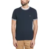 Remera azul marino de piqué de algodón orgánico y elastano, con cuello redondo y mangas cortas con ribete doble en blanco. Logo bordado en el pecho.