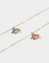 Set de 2 collares dorados para compartir, con cadena de eslabones y dije de planeta con strass rosas y celestes, y dije de corazón.