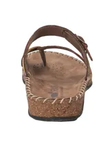 Sandalias de cuero color marrón con tiras en color naranja y amarillo. Tiene una tira con hebilla en el empeine y plantilla de cuero.