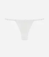 Bombacha femenina modelo hilo, confeccionada en encaje floral de poliamida y elastano, con forro de algodón.