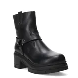 Bota de mujer color negro con tacón ancho y detalle de correa en el lado.