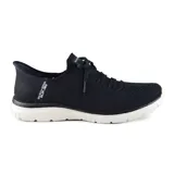 Championes deportivos Skechers Hands Free Slip-ins, modelo Virtue - Divinity, color negro con cordones elásticos y suela blanca. Fabricados con materiales veganos, capellada de tejido Stretch Fit, plantilla acolchada Skechers Air-Cooled Memory Foam y tecnología Heel Pillow.