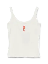 Top blanco de algodón con breteles finos y bordado de caballito de mar color coral en el centro.