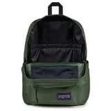 Mochila Jansport Double Break color verde militar, con dos bolsillos frontales con cierre y logo de la marca en la parte inferior.