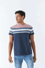 Remera de hombre a rayas horizontales en gris, borgoña, blanco y negro, con logo bordado en el pecho.