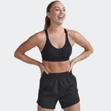 Sujetador deportivo negro de impacto medio, con copas moldeadas, tirantes elásticos anchos ajustables y cierre de gancho y ojo en la espalda.