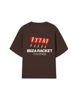 Remera celeste de corte recto y mangas cortas, con estampado en la espalda de cuatro raquetas de pádel rojas y texto en blanco "IBIZA RACKET ITTAI STARS".