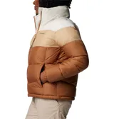 Campera puffer Columbia Puffect II con bloques de color gris, blanco y negro. Tiene aislamiento Thermarator™, tejido deperlante al agua, protector de mentón, bolsillos laterales con cremalleras y puños elásticos.