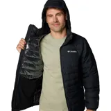 Campera puffer negra con capucha, cierre frontal completo, bolsillos laterales con cierre y logo de Columbia bordado en blanco en el pecho.