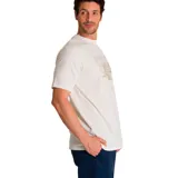 Remera color crema de corte recto y manga corta, con estampa frontal de un tractor y texto en color beige.