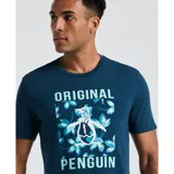 Remera azul marino de manga corta con cuello redondo y estampado frontal con el logo de Original Penguin enmarcado en un diseño floral.