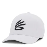 Gorro tipo snapback de color blanco con diseño de logo bordado en negro.