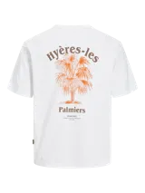Remera blanca de algodón con cuello redondo y corte holgado. Estampado en la espalda con palmeras y texto "Hyères-les-Palmiers".
