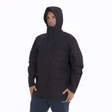 Campera impermeable negra con capucha, cierre frontal y bolsillos con cierre. Ideal para actividades al aire libre.